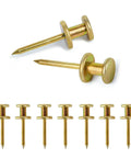 Heavy Duty Double Headed Picture Hangers And Thumb Tacks Pack Of Fifty Pieces For Hassle Free Wall Mounting With A Rock Solid Grip Perfect For Framed Photos Posters Artwork And Office Decor That Definitely Nails It, showing gold double headed tacks.