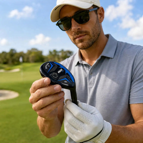 Man inspecting 21 Degree Hybrid Golf Club for Maximum Forgiveness And A Big Sweet Spot, offers versatility and durability on the course.