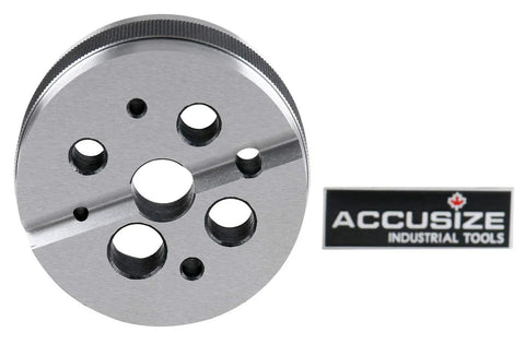 Machinist Bench Block 3 Inch Diameter 1.5 Inch Height Hardened Ground Steel With 1/8 to 5/8 Inch Holes Knurled Edge For Secure Grip V Groove Across Face For Round Stock Pin Driving And Drilling, top view