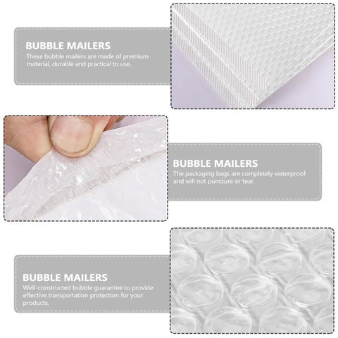 Pearlized White Bubble Mailers Self Seal Padded Envelopes with thick bubble protection, waterproof and shockproof features shown
