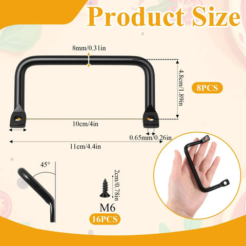 Heavy Duty Matte Black Iron Pulls For Cutting Boards And Serving Trays 8 Pack dimensions with hand holding one pull.