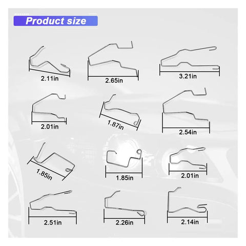 Stainless Steel Beefy Car Bulb Clips For Headlights H1 H3 H4 H7 Universal Retainer size chart showing various dimensions