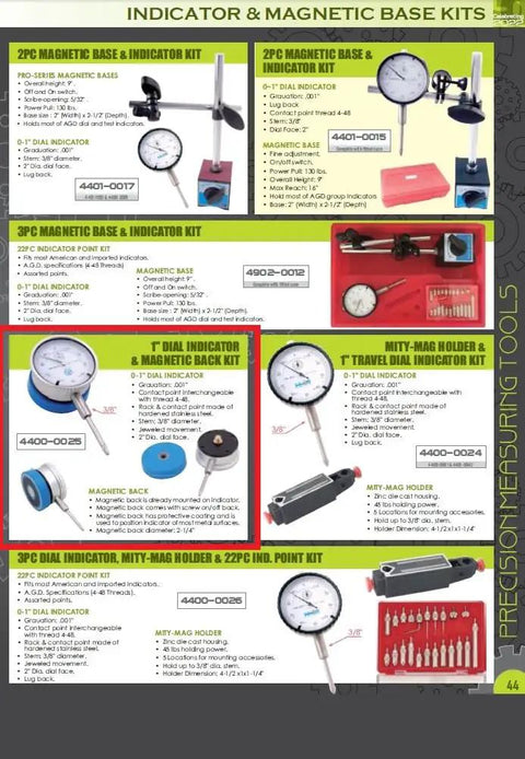 Page displaying various precision measuring tools including the Workhorse 1 Inch Dial Indicator With Magnetic Back Set For Precision Measurement, 2 Inch Dial Face, Interchangeable Stainless Steel 4-48 Thread Contact Point, Durable And Accurate Metrology Tool For Machining And Inspection.