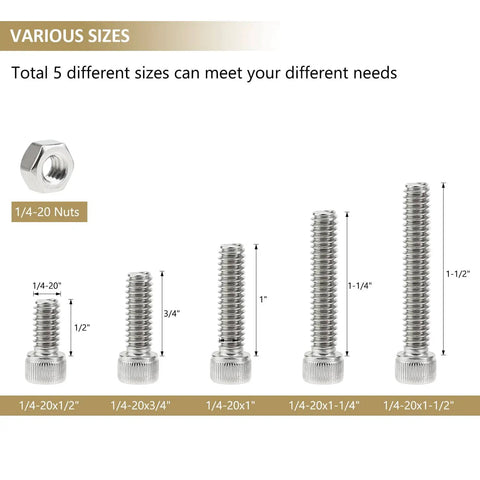 58 Piece Stainless Steel Hex Socket Head Cap Screws And Nuts Set 1/4-20 Thread Includes 1/2, 3/4, 1, 1-1/4, 1-1/2 Inch Lengths Fully Threaded 304 Stainless Hardware Kit For DIY Projects Automotive And Machinery