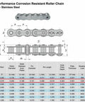 Diagram and specifications for ANSI 35 Stainless Steel Roller Chain 10 Feet With 2 Master Links Three Eighths Inch Pitch Premium 304 Stainless Steel