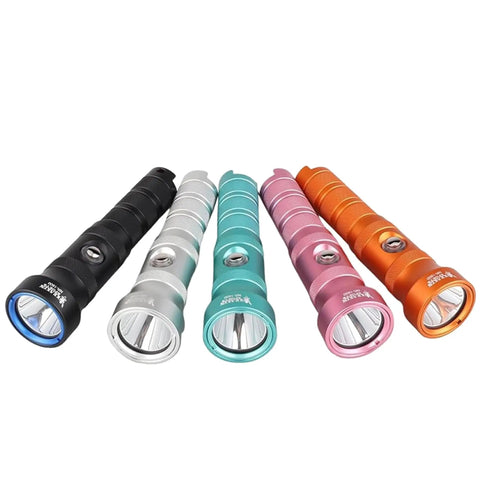 NR-1800 Dive Light Delivers Beefy 1800 Lumens, 330ft Depth Rating, shown in four color options black, silver, teal, pink, orange