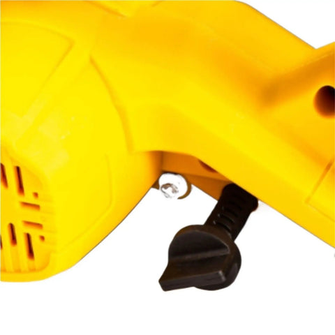 Top Shelf Cordless Circular Saw Chucking Out Precise Cuts On Tough Plywood And Oak With Long Lasting Carbide Tips And A Sure Grip close-up of yellow housing and trigger adjustment.