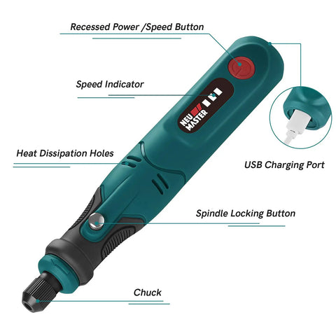 Cordless Rotary Tool Kit With 3.7V USB Charging And 55 Piece Accessory Set features labeled controls and USB charging port