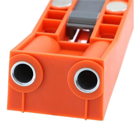 Close-up view of Oblique Hole Locator And Pocket Drill Positioner Jig With Magnetic Angle Guide for Carpentry, visible orange PA6 nylon build.