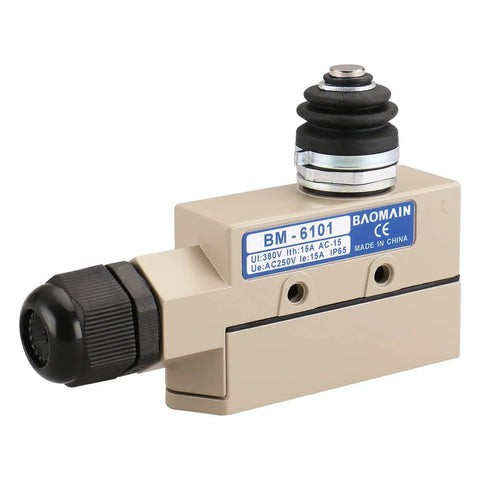 TZ 6101 Sealed Limit Switch With Beefy 15A 250VAC Heavy Duty Plunger Travel Switch IP65 Waterproof CE Certified For Industrial Roll Up Doors And Machinery CNC Automation beige metal limit switch with black plunger and gland