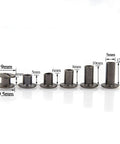 90 Piece Chicago Screws Kit In Gun Metal, six sizes 4mm to 12mm, shown in line for DIY leather craft, bookbinding, belts, and bags.