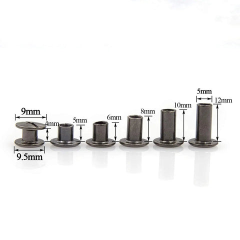 90 Piece Chicago Screws Kit In Gun Metal, six sizes 4mm to 12mm, shown in line for DIY leather craft, bookbinding, belts, and bags.