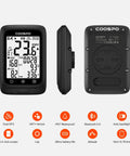 Front, side, and back view of GPS Bike Computer with wireless connectivity, ANT+ and Bluetooth, 2.4 inch LCD screen, IP67 waterproof.