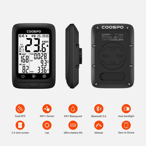 Front, side, and back view of GPS Bike Computer with wireless connectivity, ANT+ and Bluetooth, 2.4 inch LCD screen, IP67 waterproof.