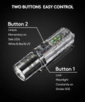 Pocket EDC USB C Rechargeable Flashlight With Magnetic Clip Bright White LED At 6500K showing button controls and functions.