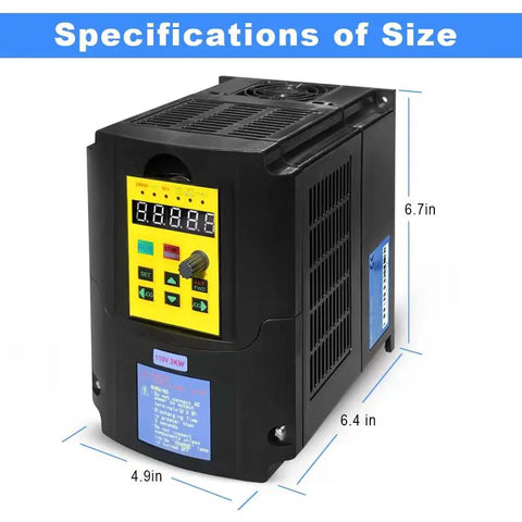 Beefy 3KW 4HP 110V VFD With 1 Phase Input To 3 Phase Output 0 To 400Hz showing size dimensions and control panel details