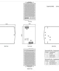 Heavy Duty Industrial Din Rail Power Supply with dimensions and views including connections for 24 VDC output details.
