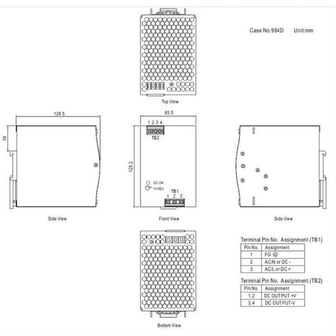 Heavy Duty Industrial Din Rail Power Supply with dimensions and views including connections for 24 VDC output details.