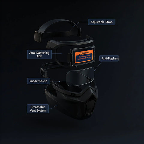 Exploded view of the 0.1ms Auto Darkening Welding Helmet With True Color Large Viewing Screen And Adjustable Headband UV IR Protection.