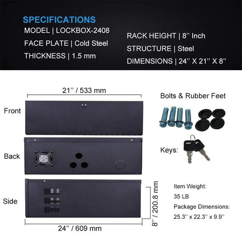 Heavy Duty 16 Gauge DVR Security Lockbox With Cooling Fan Black Finish 24 by 21 by 7 Inches showing dimensions and accessories