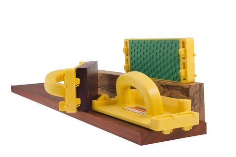 Heavy Duty Smart Heel Hook Push Block With Superior Rock Solid Grip For Tablesaw Safety Kickback Prevention And Smooth Woodworking Control Two Pack Yellow, showing two yellow push blocks on wood.