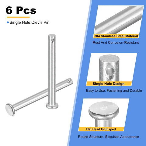 6 Pack 3/16 Inch By 2 Inch Stainless Steel Single Hole Clevis Pins With Flat Heads Beefy Heavy Duty Hitch Pins for Trailer Latches