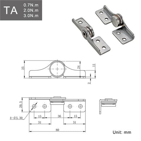 Two 304 stainless steel damping hinges with mounting plates; right-hand, 2.0 N·m torque, non-adjustable.