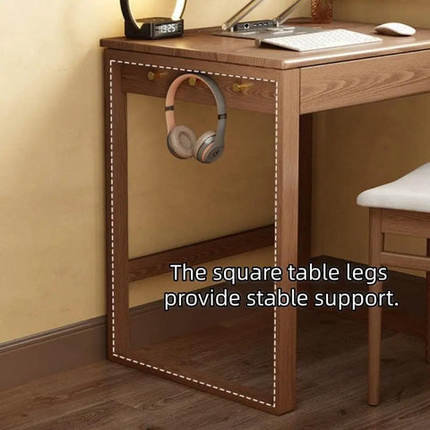 Top Shelf Solid Rubberwood Dual Gaming Desk With Built In Pine Drawers And Ample Knee Room For A Cozy Sit Stand Home Office Setup Right At Your Doorstep with square table legs and headphones.