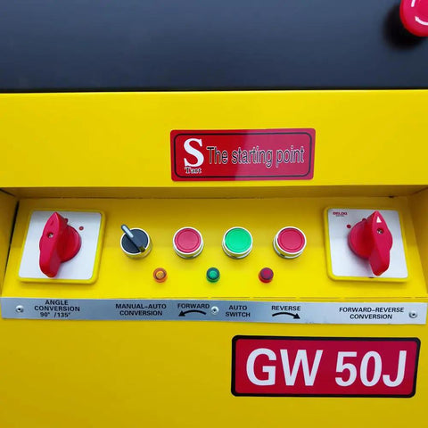 Control panel of Heavy Duty 4000W Electric Rebar Bender Machine For Steel Ties Up To Two Inches Angle with switches and settings.