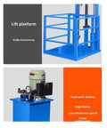 Heavy Duty Electric Lifting Platform With Guide Rails For Small Elevator Use Featuring 500Kg Load Capacity Thicken Steel Build showing lift platform and hydraulic station.