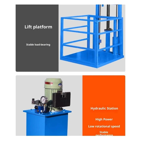 Heavy Duty Electric Lifting Platform With Guide Rails For Small Elevator Use Featuring 500Kg Load Capacity Thicken Steel Build showing lift platform and hydraulic station.
