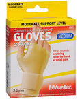 Product packaging for medium beige compression wrist gloves for arthritis and carpal tunnel relief, fingerless support.