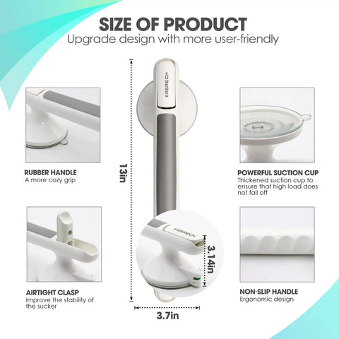 12 Inch No Drill Shower Grab Bar With Strong Suction Cup Safety Hand Rail For Bathtubs And Showers shown with features