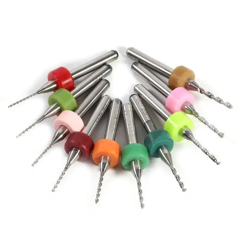 Pro Grade Tungsten Carbide PCB Micro Drill Bits Kit with Ten Piece Set assorted colors on display