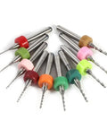 Pro Grade 10 Pcs Micro Tungsten Carbide PCB Drill Bits Set On 18 Shank arranged in a semicircle, variety of colored rings, precision tools for PCBs
