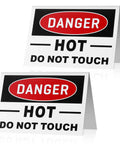 No Nonsense Aluminum Tent Warning Signs, Double Sided Heat Hazard Plates, 5 X 3.5 Inch, bold red and black "DANGER HOT DO NOT TOUCH" signs.