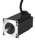 NEMA 23 stepper motor with black aluminum housing and silver faceplate, protruding shaft and attached cable