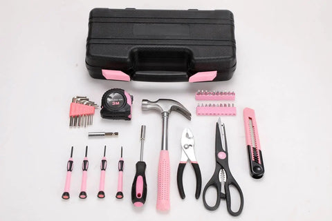 39 Piece General Tool Set With Pink Portable Toolbox Storage Case, Durable Chrome Finished Steel Tools With TPR Grips, ANSI Standard, Ideal For Home Repairs, DIY Projects, And Everyday Fixes