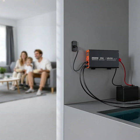 Heavy Duty 2500W Sump Pump Battery Backup Inverter With LCD Display And Pure Sine Wave connected to battery in living room.