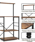 Solid Build Four Tier Wooden Storage Rack and Bakery Shelf for Your Kitchen or Living Room Featuring Rustic Industrial Charm Heavy Duty Microwave Oven Stand with No Sweat Assembly and Hella Tough Waterproof Finish showcasing X-shape stabilization and adjustable footpads.