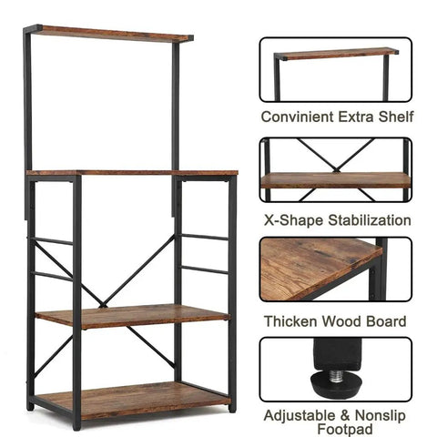 Solid Build Four Tier Wooden Storage Rack and Bakery Shelf for Your Kitchen or Living Room Featuring Rustic Industrial Charm Heavy Duty Microwave Oven Stand with No Sweat Assembly and Hella Tough Waterproof Finish showcasing X-shape stabilization and adjustable footpads.