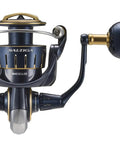 Saltiga SAG4000-XH Spinning Reel Beast Of A Reel For Serious Saltwater Angling, aluminum frame, side view, handle detailed