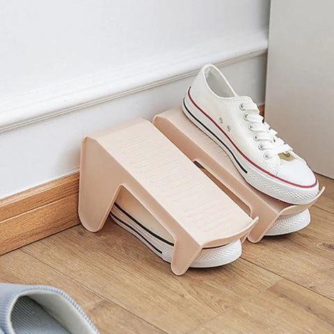 Hella Solid Double Layer Shoe Slot Organizer Rack With Non Slip Grip Base For Sneakers And Everyday Kicks To Keep Your Closets Stacked And Floors Crisp Today with beige design and white sneakers.