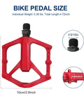 Grippy 14mm Aluminum Alloy MTB Pedals Non Slip Lightweight Flat Bike Pedals for Road Mountain BMX and City Rides Ride Ready with 9 16 Inch Thread and Sealed Bearings Universal Fit Red showing size dimensions and design details.