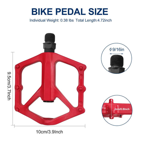 Grippy 14mm Aluminum Alloy MTB Pedals Non Slip Lightweight Flat Bike Pedals for Road Mountain BMX and City Rides Ride Ready with 9 16 Inch Thread and Sealed Bearings Universal Fit Red showing size dimensions and design details.