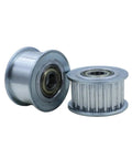 Heavy Duty HTD5M Timing Belt Idler Pulley With Double Sealed Bearing And Aluminum Build For Rock Solid Power Transfer and Smooth CNC Motion Control With 24t Pitch And 8mm Bore ready for shop use, showcasing two pulleys.