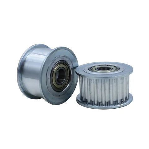 Heavy Duty HTD5M Timing Belt Idler Pulley With Double Sealed Bearing And Aluminum Build For Rock Solid Power Transfer and Smooth CNC Motion Control With 24t Pitch And 8mm Bore ready for shop use, showcasing two pulleys.