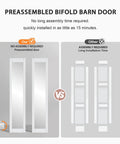 Comparison of a preassembled bifold barn door with assembly required, highlighting installation time differences on white background.
