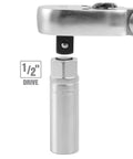 Magnetic Spark Plug Socket, 5/8 Inch, 1/2 Drive shown beneath ratchet handle, knurl grip, satin finish