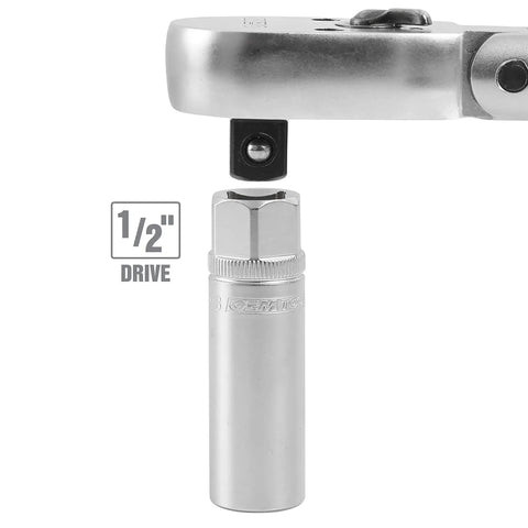 Magnetic Spark Plug Socket, 5/8 Inch, 1/2 Drive shown beneath ratchet handle, knurl grip, satin finish